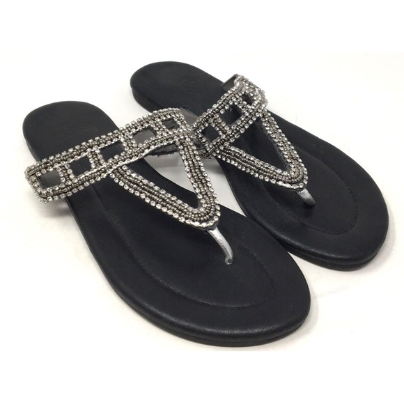 Skemo Adriana Women's Size 7 Black Leather Crystal Thong Sandals Shoes - Picture 2 of 7